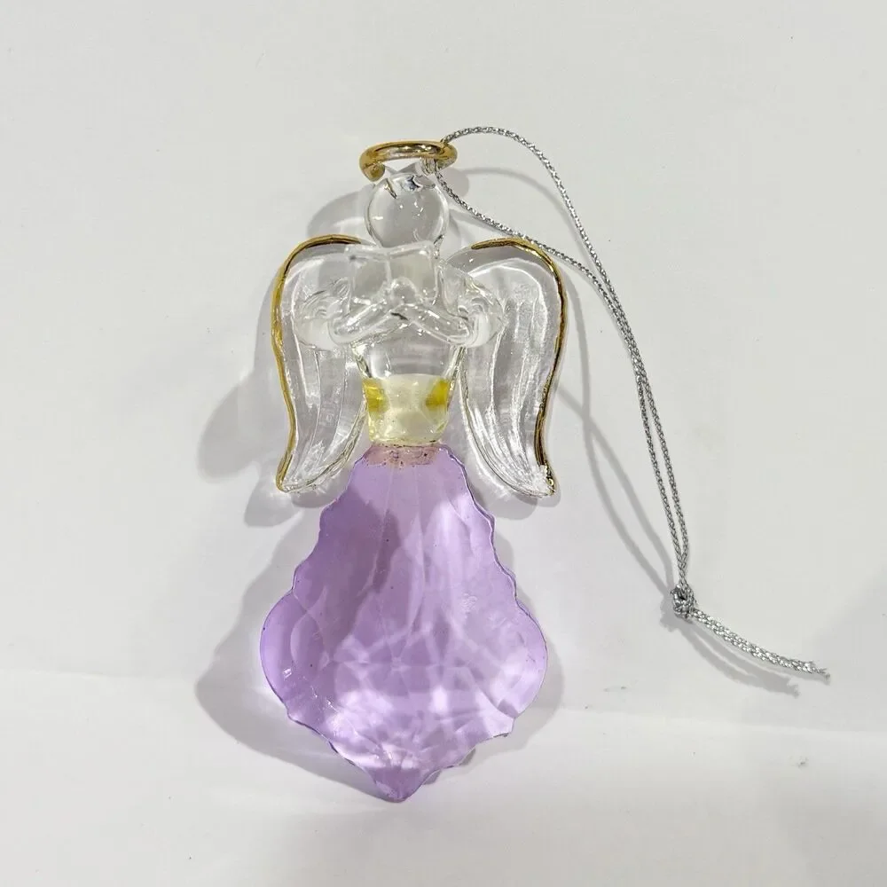 Glass Angel Ornament Purple Crystal Gold Trim Open Book Figurine Boxed